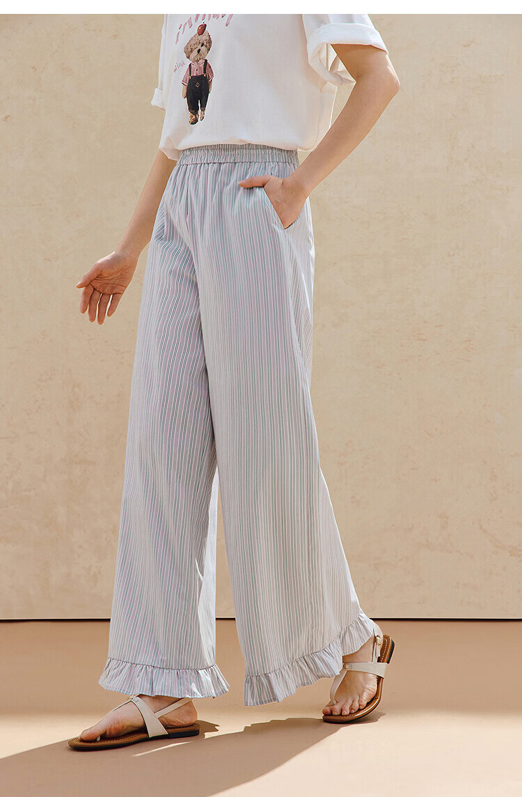 INMAN Lyocell Cotton Vintage Striped Wide-Leg Pants 2026 Summer Women's New Elastic Waist Ruffle Trousers 14